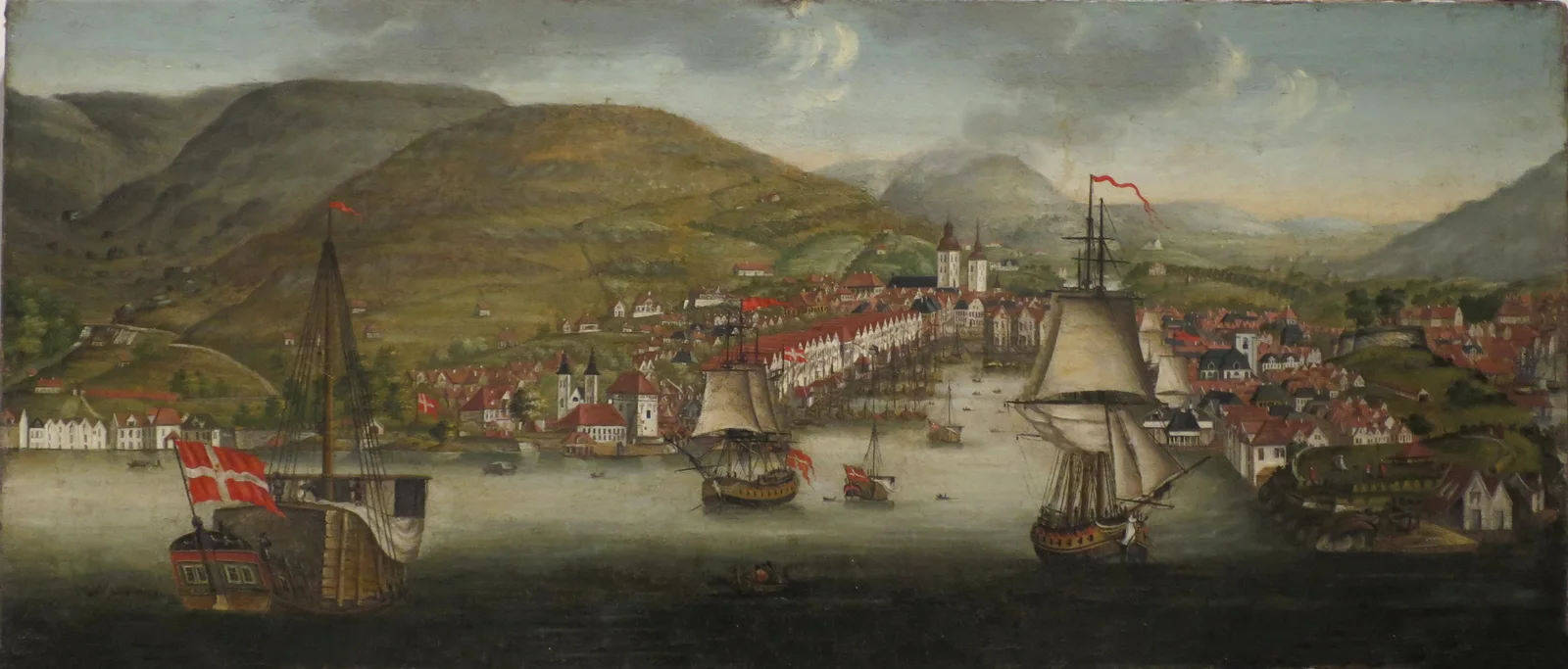 Johan Christian Dahls maleri av Vågen i Bergen med seilskip og sjøboder.